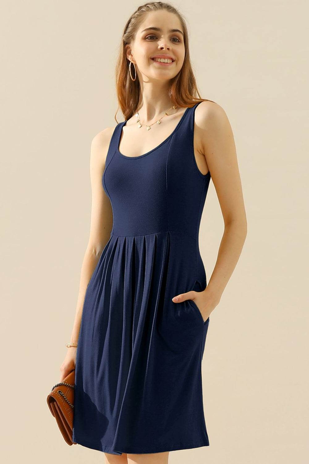Doublju Full Size Round Neck Ruched Sleeveless Dress with Pockets - Shop Style & More | Fresh Looks, Everyday Deals & Free Shipping