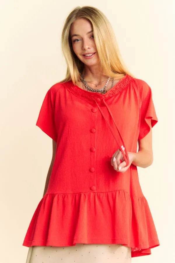 Davi & Dani Solid Lace Trim Neck Short Sleeve Peplum Top - Shop Style & More | Fresh Looks, Everyday Deals & Free Shipping
