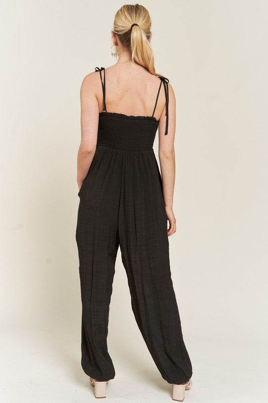 SMOCKED TIE STRAP JUMPSUIT - Shop Style & More | Fresh Looks, Everyday Deals & Free Shipping