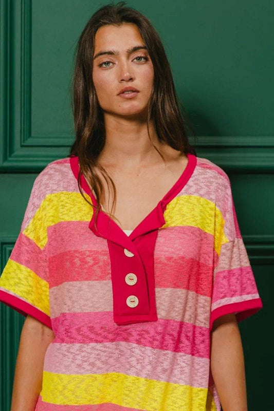 BiBi Multi Color Stripe Hacci Button Detail Ringer Top - Shop Style & More | Fresh Looks, Everyday Deals & Free Shipping