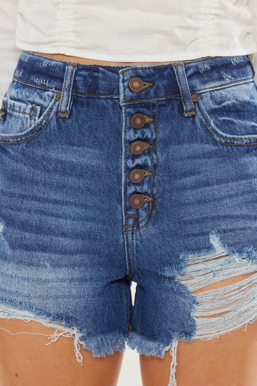 Kancan Distressed Button-Fly High Waist Denim Shorts - Shop Style & More | Fresh Looks, Everyday Deals & Free Shipping