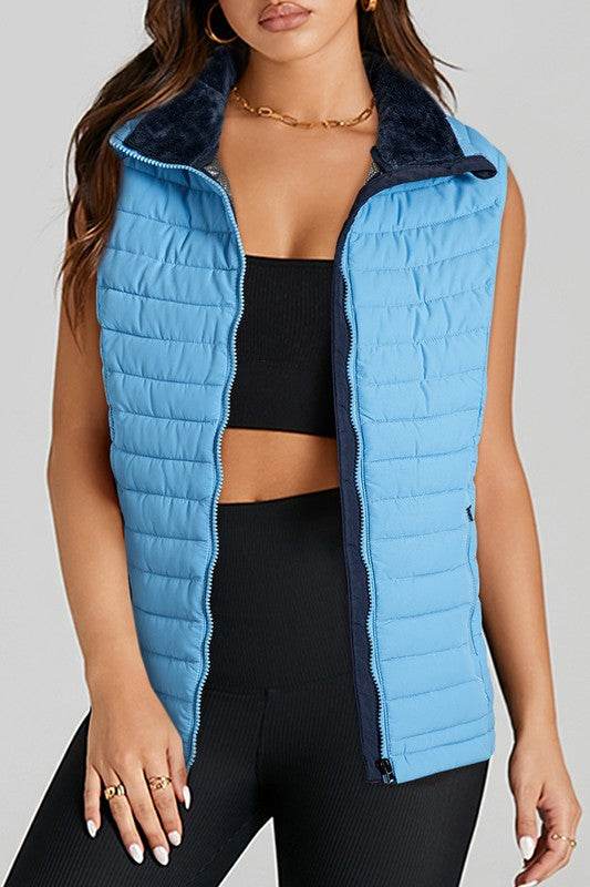 Sky Blue Plush Collared Quilted Zipped Puffer Vest - Shop Style & More | Fresh Looks, Everyday Deals & Free Shipping