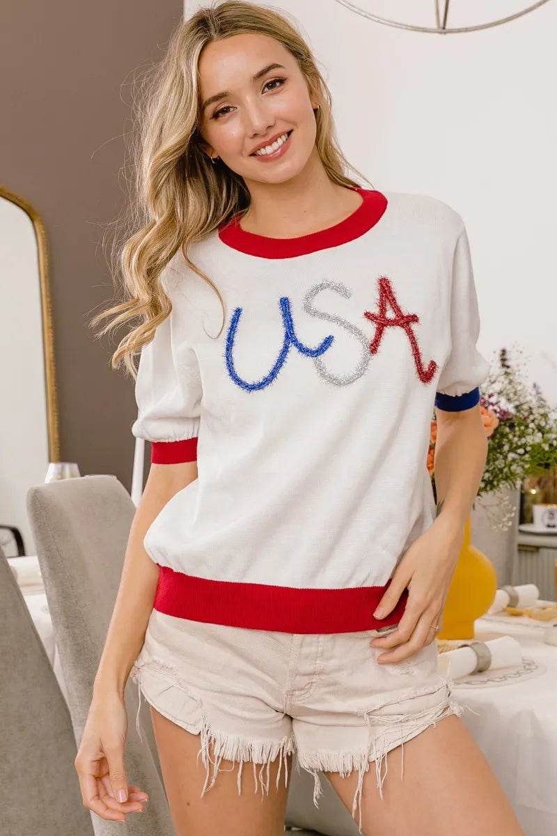 BiBi USA Metallic Letter Color Block Knit Top - Shop Style & More | Fresh Looks, Everyday Deals & Free Shipping