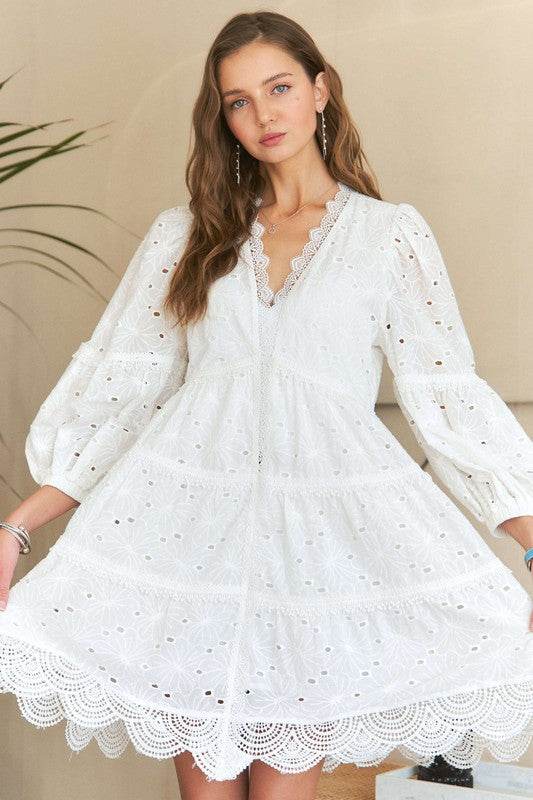 ADORA Lace Detail Tiered Eyelet V-Neck Babydoll Dress - Shop Style & More | Fresh Looks, Everyday Deals & Free Shipping