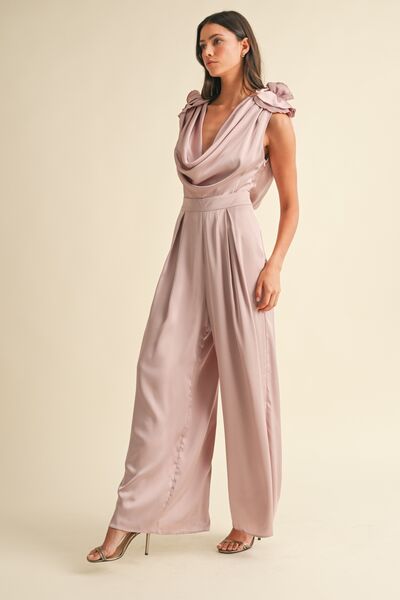MABLE 3D Floral Applique Deep Cowl Neck Jumpsuit Jumpsuits