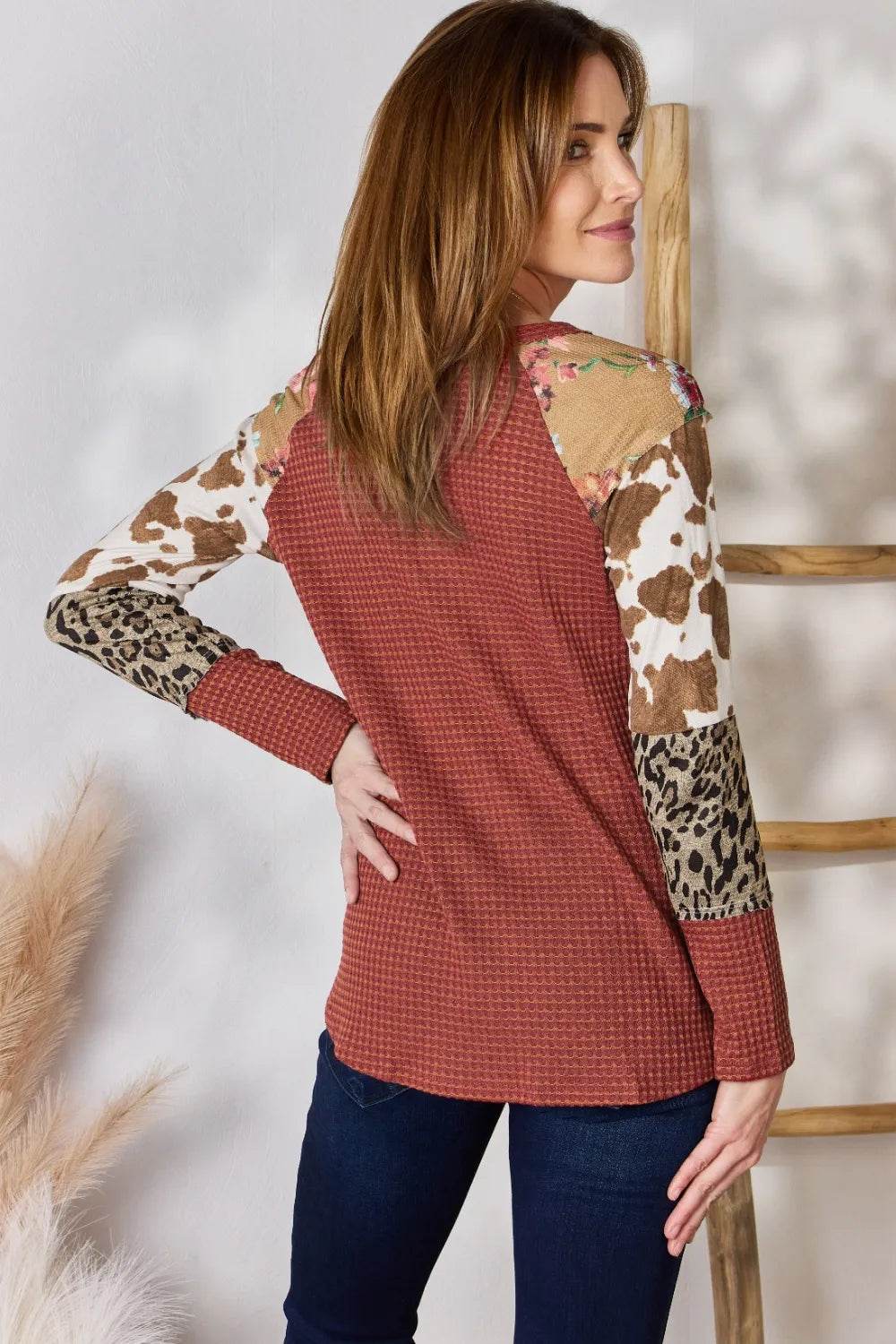 Hailey & Co Full Size Leopard Waffle-Knit Blouse - Shop Style & More | Fresh Looks, Everyday Deals & Free Shipping