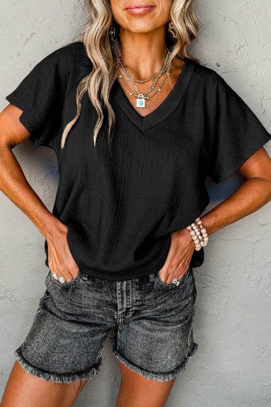 Emerson Crinkled V Neck Wide Sleeve Top - Shop Style & More | Fresh Looks, Everyday Deals & Free Shipping