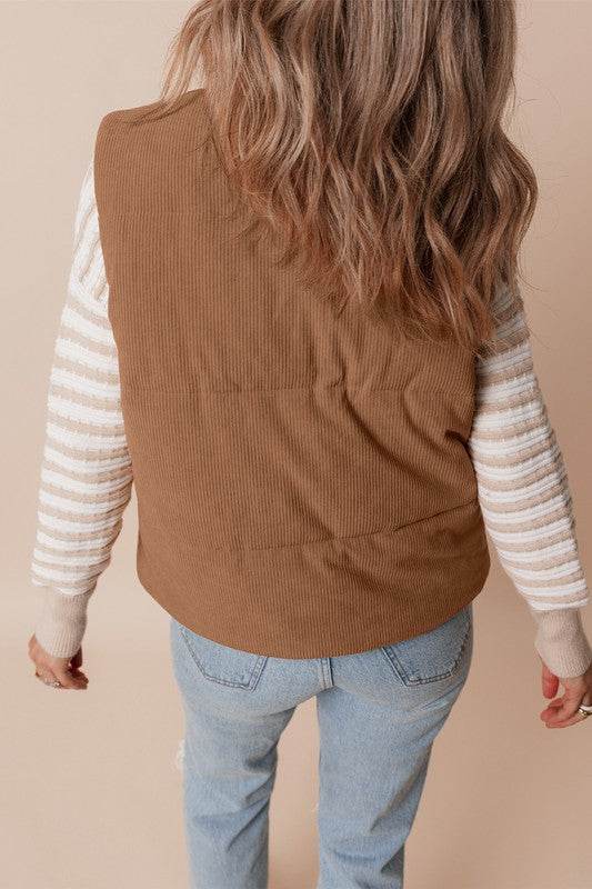 Coffee Corduroy Stand Neck Zipped Puffer Vest - Shop Style & More | Fresh Looks, Everyday Deals & Free Shipping