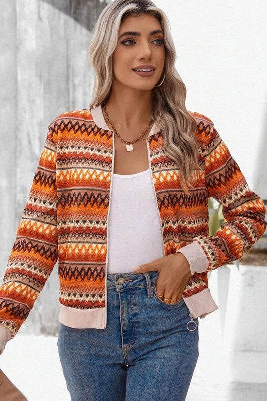 Orange Boho Striped Zip Up Long Sleeve Jacket - Shop Style & More | Fresh Looks, Everyday Deals & Free Shipping