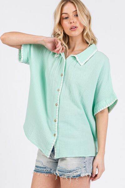 SAGE+FIG Boho Contrast Zigzag Trim Gauze Button-Up Shirt - Shop Style & More | Fresh Looks, Everyday Deals & Free Shipping