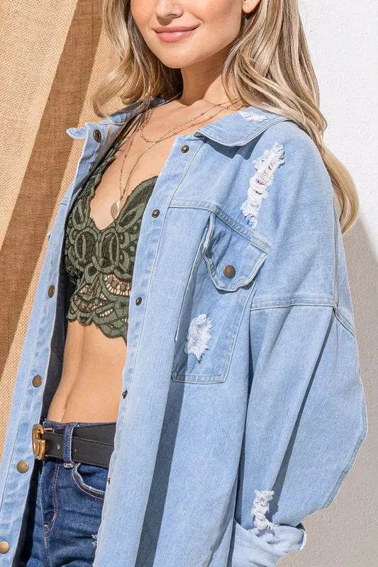 And The Why Button Front Flap Pocket Ripped Denim Jacket - Shop Style & More | Fresh Looks, Everyday Deals & Free Shipping