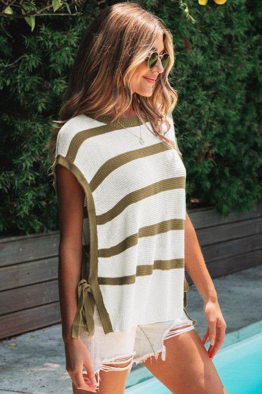 Scarlett Stripe Tie Open Side Sweater Knitted Top - Shop Style & More | Fresh Looks, Everyday Deals & Free Shipping