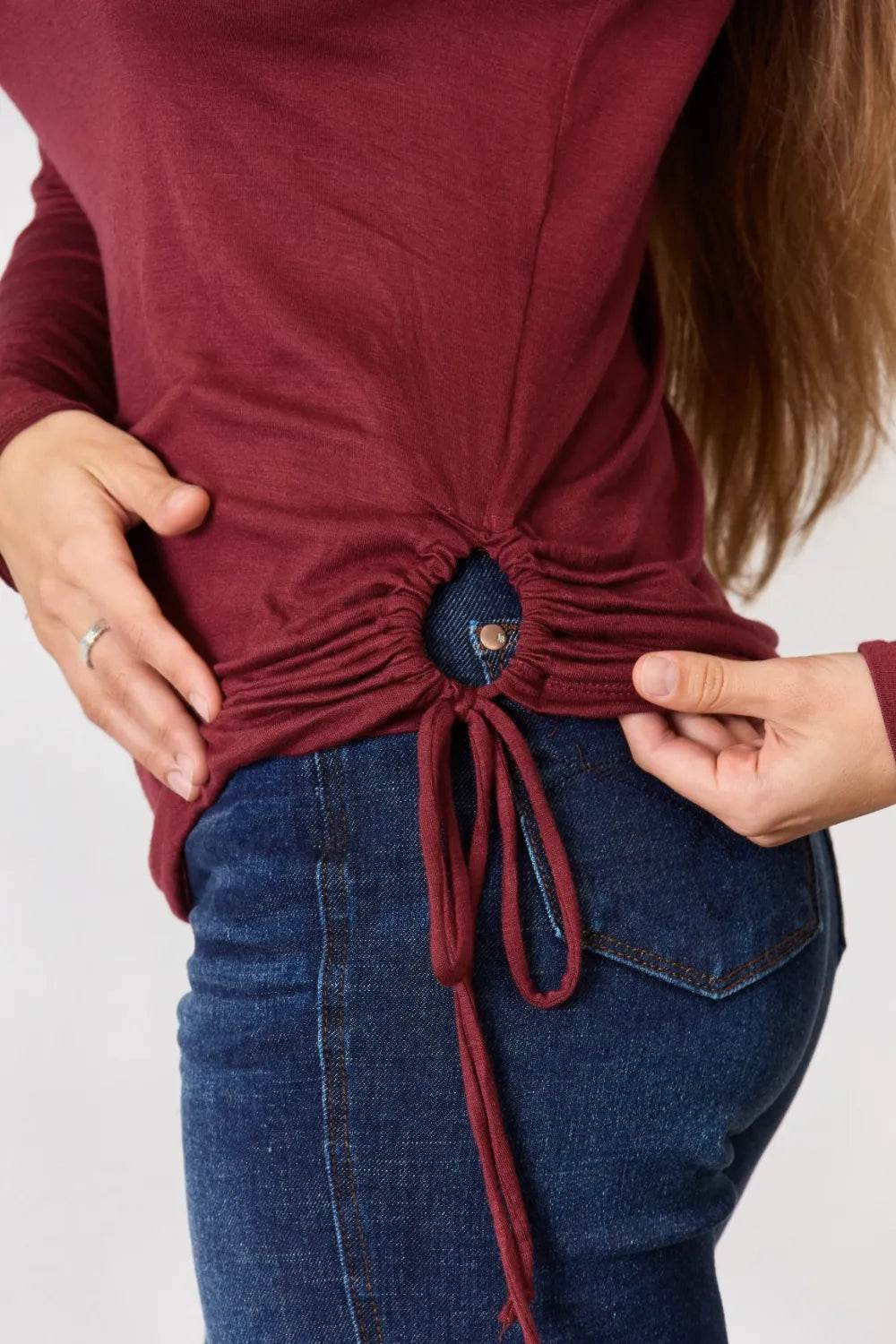 Culture Code Full Size Drawstring Round Neck Long Sleeve Top - Shop Style & More | Fresh Looks, Everyday Deals & Free Shipping