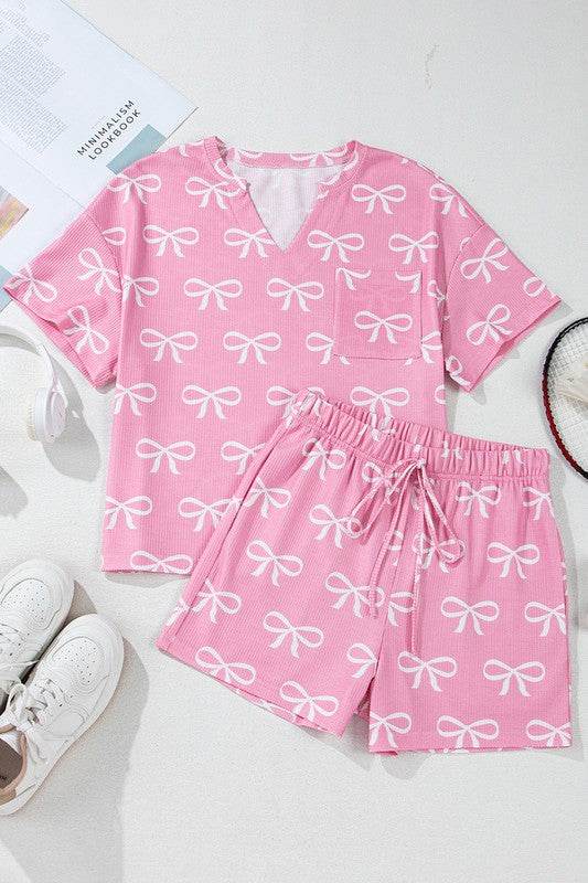 Knit Bowknot Printed V Neck T Shirt and Shorts Set - Shop Style & More | Fresh Looks, Everyday Deals & Free Shipping