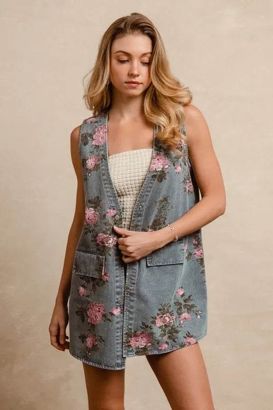 BiBi Floral Print Washed Denim Long Rider Vest - Shop Style & More | Fresh Looks, Everyday Deals & Free Shipping