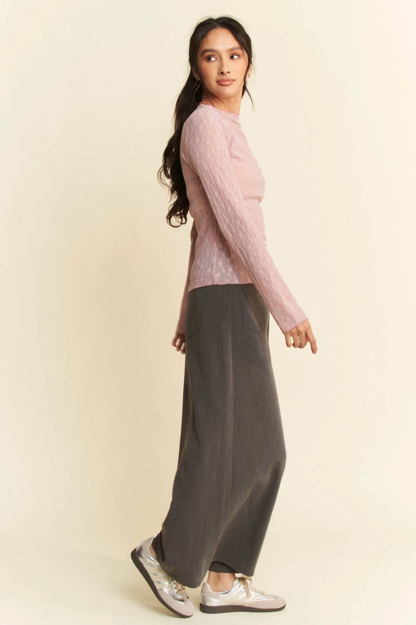 Davi & Dani Long Sleeve Sheer Small Embroidered Bows Lace Top - Shop Style & More | Fresh Looks, Everyday Deals & Free Shipping