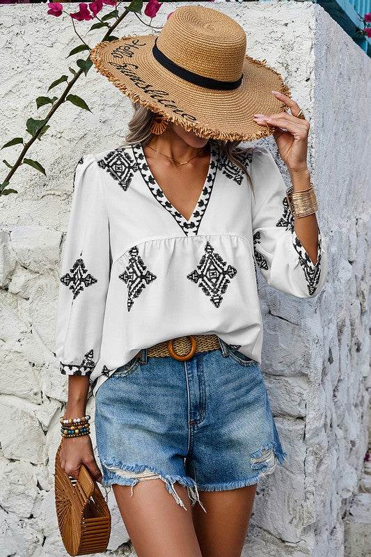 Printed T Shirt V Neck Loose Puff Sleeves Shirts - Shop Style & More | Fresh Looks, Everyday Deals & Free Shipping