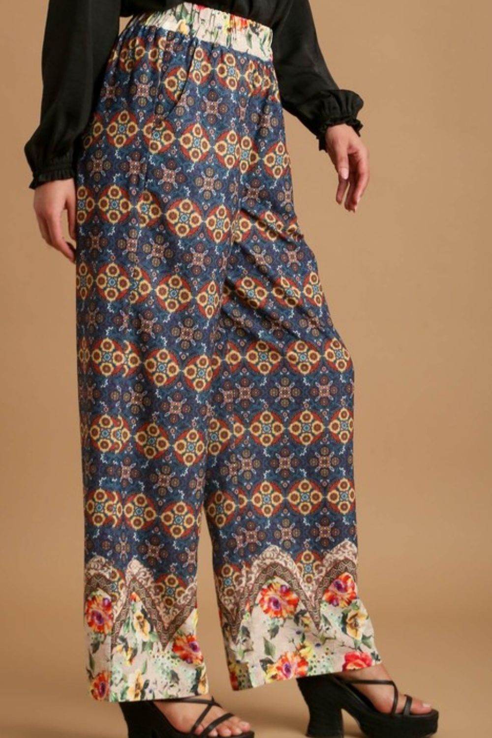 Umgee Full Size Mixed Print Elastic Waistband Pants Plus Size - Shop Style & More | Fresh Looks, Everyday Deals & Free Shipping