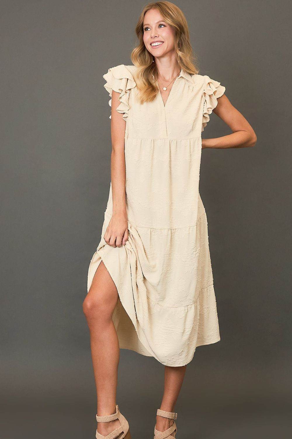 Umgee Full Size Tiered Floral Burnout Ruffle Sleeve Midi Dress Plus Size - Shop Style & More | Fresh Looks, Everyday Deals & Free Shipping