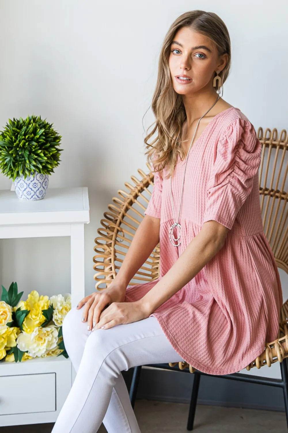 Heimish Full Size Waffle Knit V-Neck Babydoll Top - Shop Style & More | Fresh Looks, Everyday Deals & Free Shipping