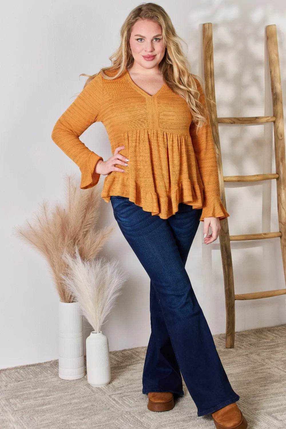 Hailey & Co Full Size V-Neck Flounce Sleeve Blouse - Shop Style & More | Fresh Looks, Everyday Deals & Free Shipping