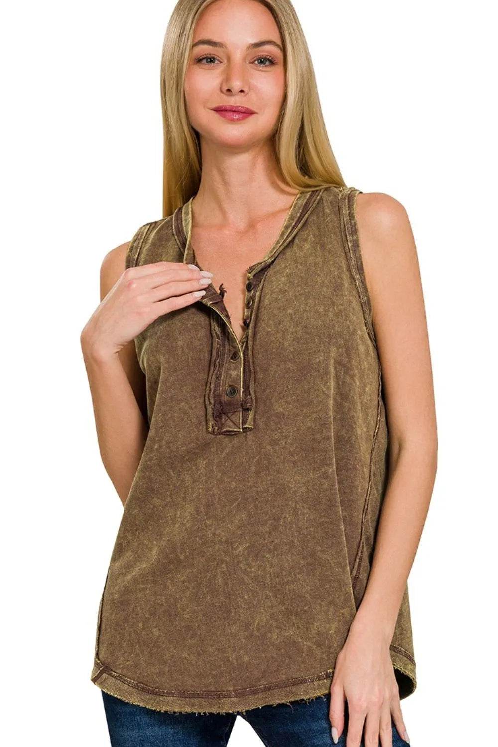 Zenana Washed Half-Button Raw Edge Sleeveless Henley Top - Shop Style & More | Fresh Looks, Everyday Deals & Free Shipping