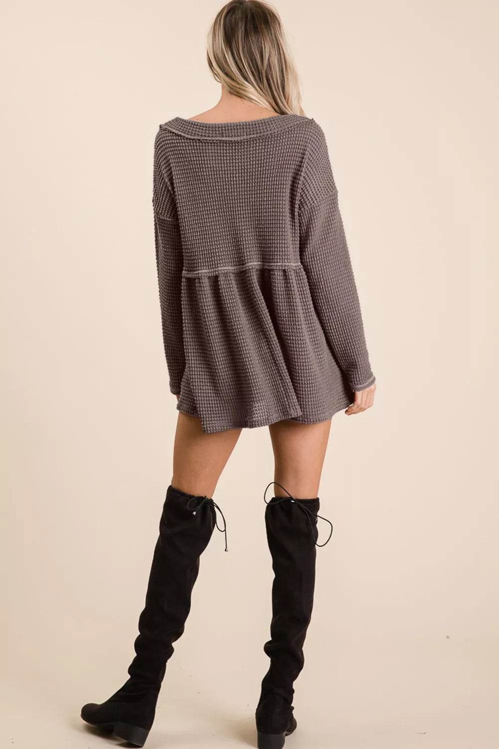 BiBi Waffle Knit V-Neck Babydoll Blouse - Shop Style & More | Fresh Looks, Everyday Deals & Free Shipping