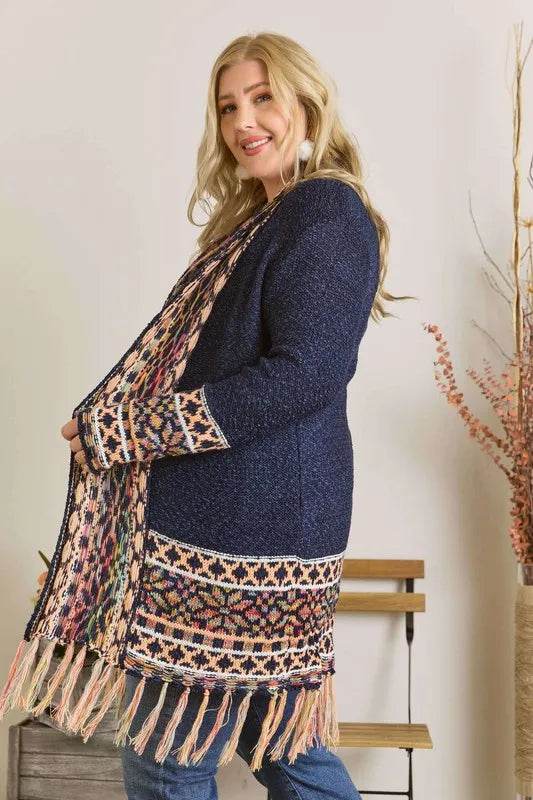 ADORA Full Size Fringe Hem Aztec Border Cardigan Plus Size - Shop Style & More | Fresh Looks, Everyday Deals & Free Shipping