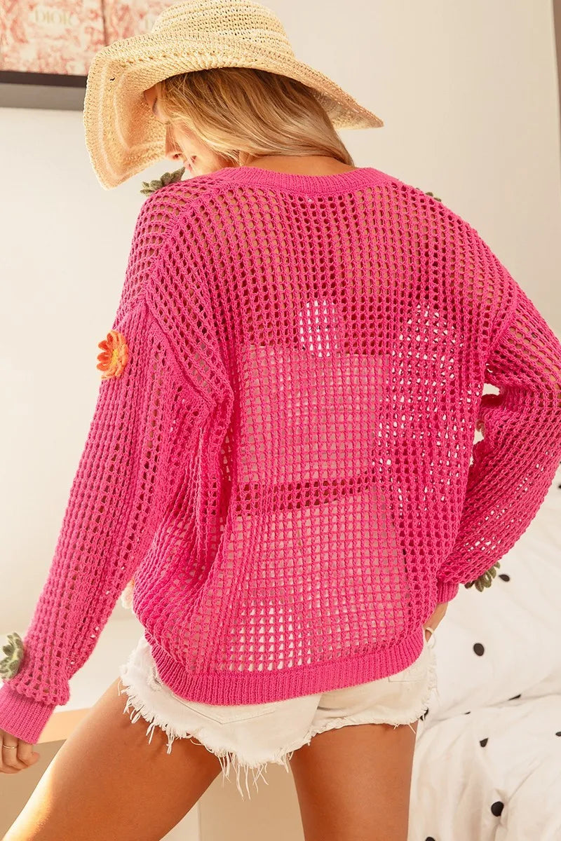 BiBi Flower Patches Open Knit Sweater Cardigan Women's Outerwear