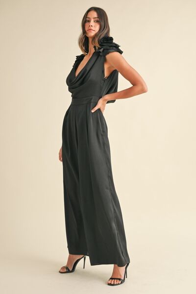 MABLE 3D Floral Applique Deep Cowl Neck Jumpsuit Jumpsuits
