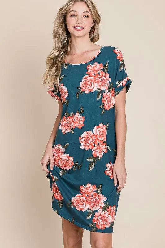 BOMBOM Floral Round Neck Short Tee Dress with Pockets - Shop Style & More | Fresh Looks, Everyday Deals & Free Shipping