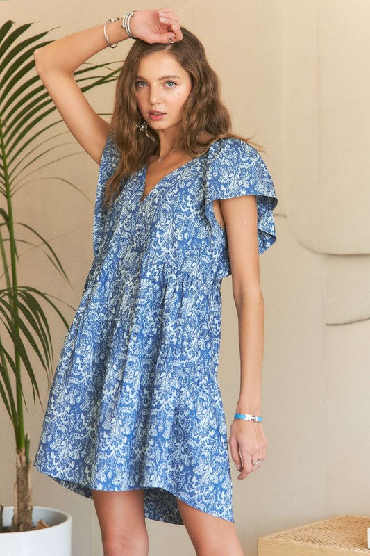 ADORA Printed V-Neck Ruffle Sleeve Mini Dress Dresses - Casual Dresses