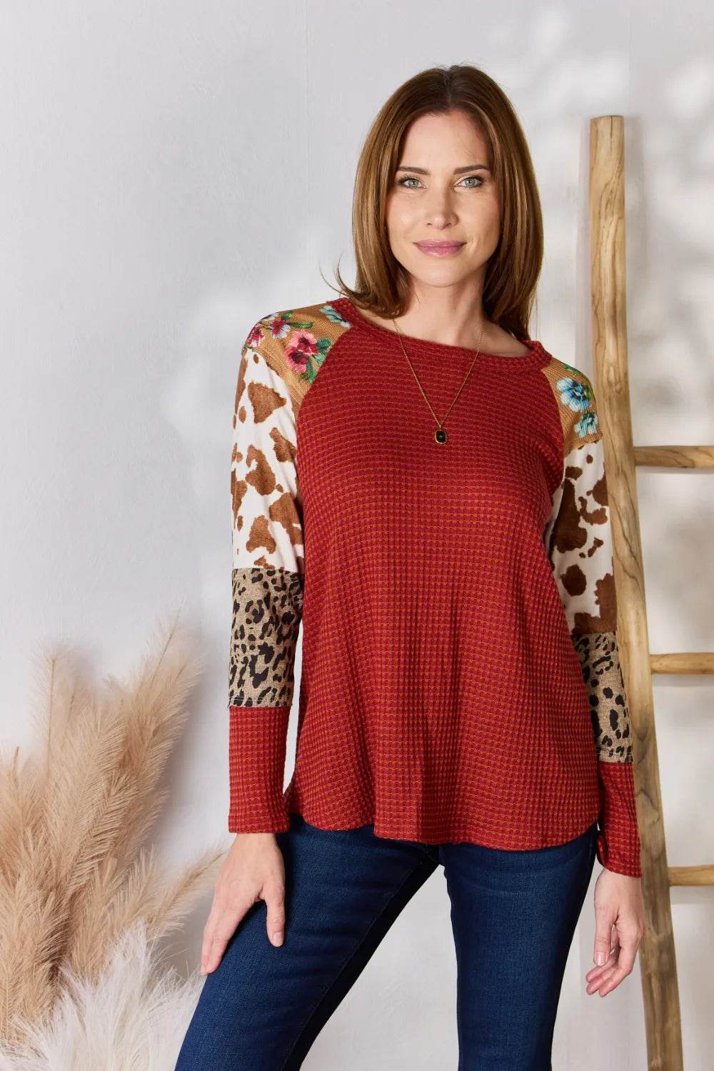 Hailey & Co Full Size Leopard Waffle-Knit Blouse - Shop Style & More | Fresh Looks, Everyday Deals & Free Shipping