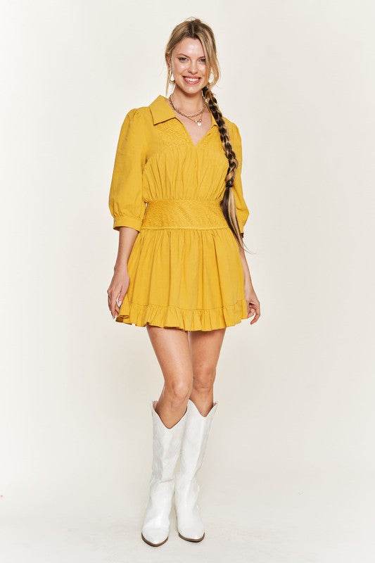 Eyelet detail 3/4 sleeve short dress JBJ1091 - Shop Style & More | Fresh Looks, Everyday Deals & Free Shipping