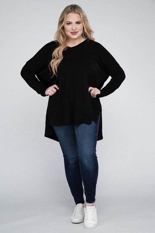 Plus Dolman Sleeve V-Neck Side Slit Hi-Low Hem Top - Shop Style & More | Fresh Looks, Everyday Deals & Free Shipping
