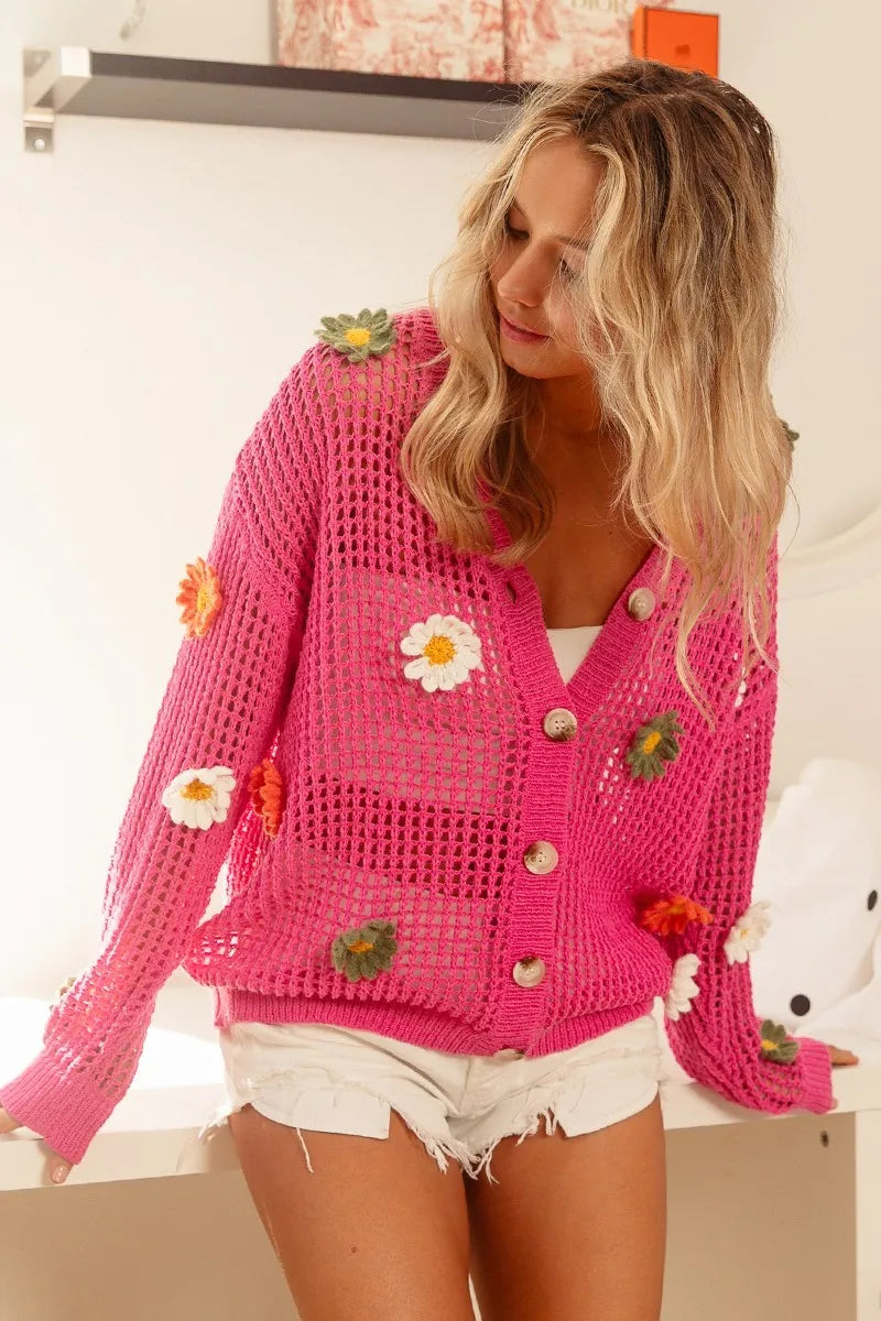 BiBi Flower Patches Open Knit Sweater Cardigan Women's Outerwear