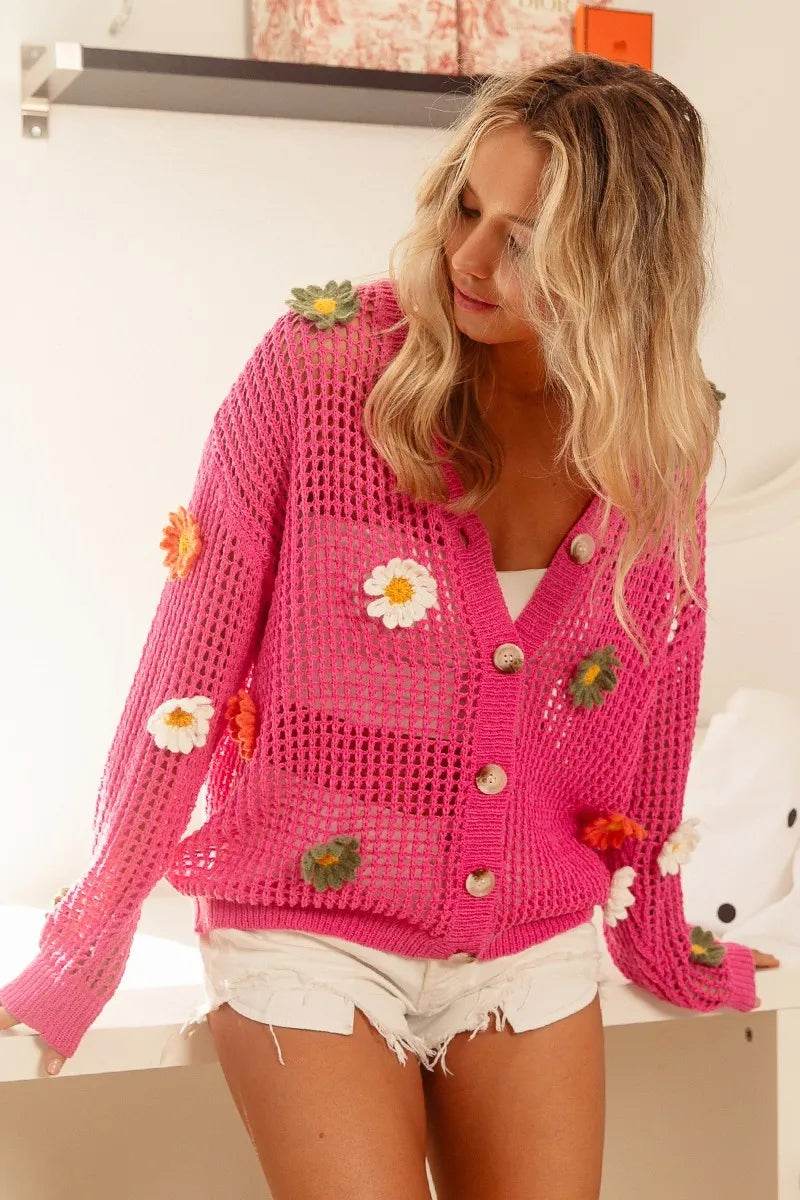 BiBi Flower Patches Open Knit Sweater Cardigan - Shop Style & More | Fresh Looks, Everyday Deals & Free Shipping