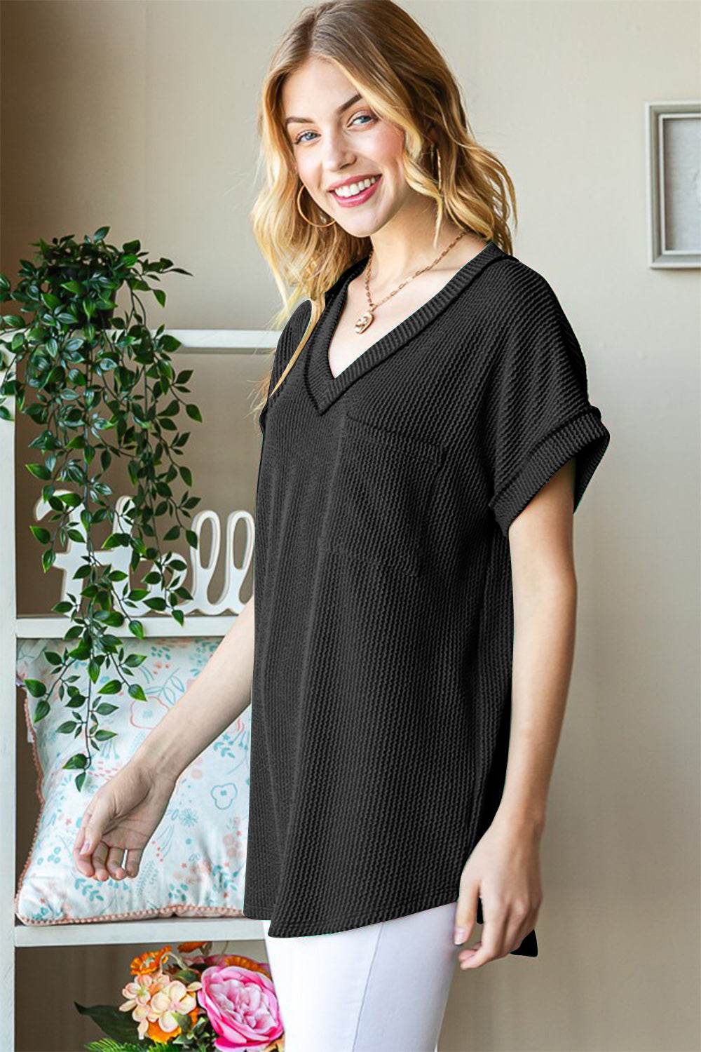 Heimish Full Size Front Pocket Short Sleeve Ribbed Top - Shop Style & More | Fresh Looks, Everyday Deals & Free Shipping