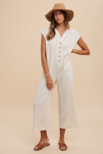 Annie Wear Wide Leg Jumpsuit with Button Detail and Pockets Jumpsuits