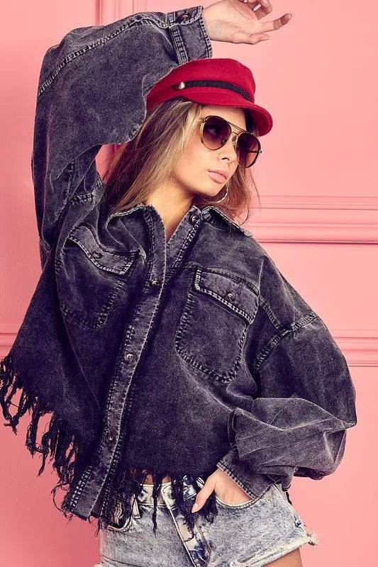 BiBi Fringe Hem Washed Corduroy Button Down Shacket - Shop Style & More | Fresh Looks, Everyday Deals & Free Shipping
