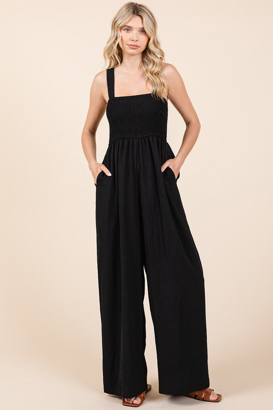 Mittoshop Smocked Wide Strap Wide Leg Overalls Black Jumpsuits