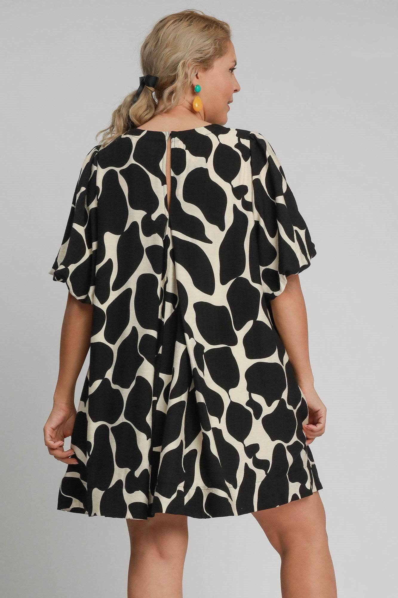 Umgee Full Size Two Tone Abstract Print Puff Sleeve Dress Plus Size - Shop Style & More | Fresh Looks, Everyday Deals & Free Shipping