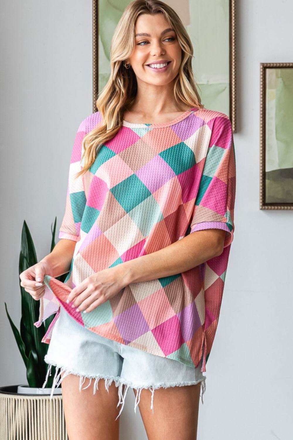 HOPELY Full Size Multi Colored Argyle Side Slit T-Shirt - Shop Style & More | Fresh Looks, Everyday Deals & Free Shipping