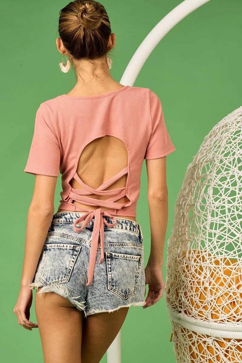 BiBi Rib Knit with Back Cross and Tied Detailed Top - Shop Style & More | Fresh Looks, Everyday Deals & Free Shipping