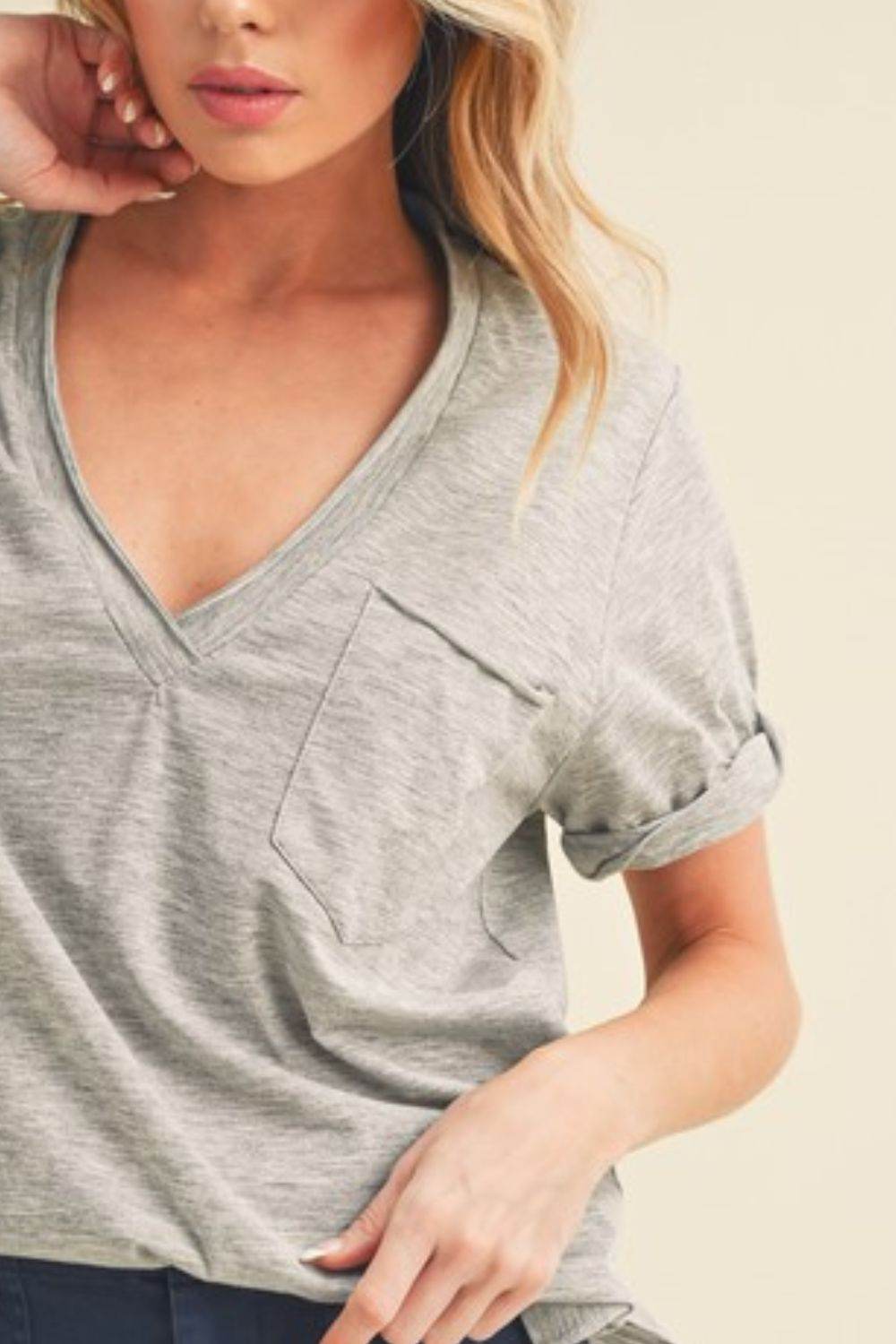 Aemi + Co Side Slit V-Neck Short Rolled Sleeve T-Shirt - Shop Style & More | Fresh Looks, Everyday Deals & Free Shipping