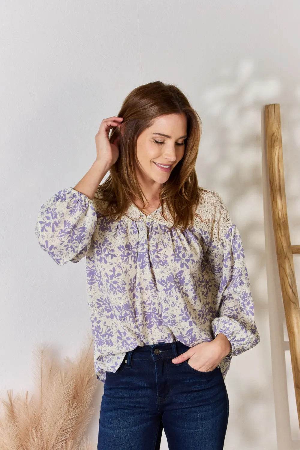 Hailey & Co Full Size Lace Detail Printed Blouse - Shop Style & More | Fresh Looks, Everyday Deals & Free Shipping