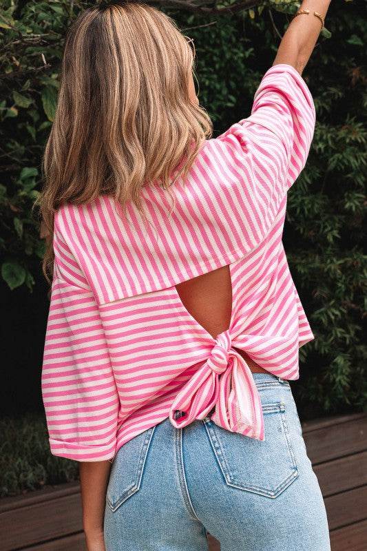 Riley Stripe Bowknot Cutout Back Loose Top - Shop Style & More | Fresh Looks, Everyday Deals & Free Shipping