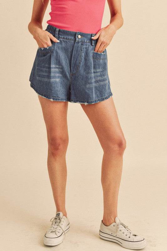 Aemi + Co Frayed Hem Elastic Waist Denim Shorts - Shop Style & More | Fresh Looks, Everyday Deals & Free Shipping