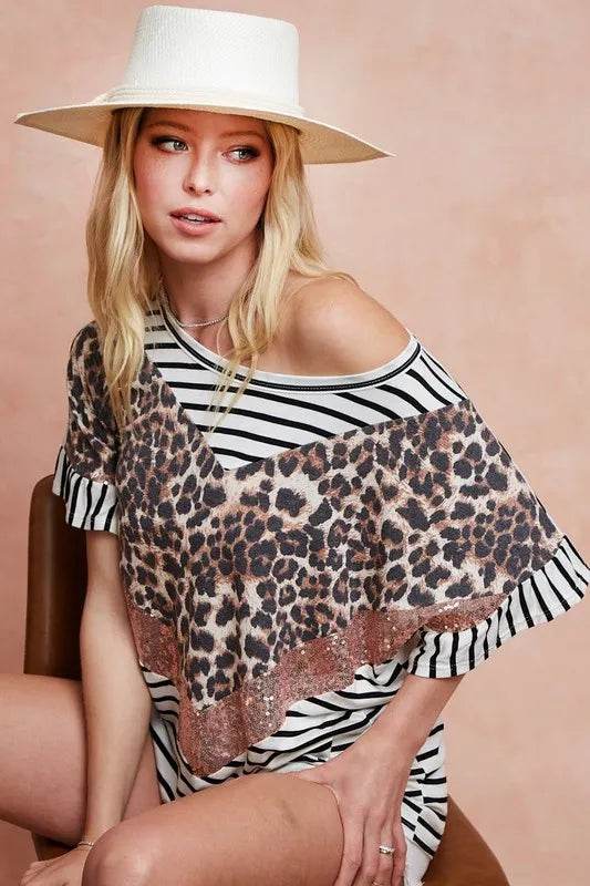 BiBi Stripe Rayon Span Knit Color Block Top With Leopard - Shop Style & More | Fresh Looks, Everyday Deals & Free Shipping