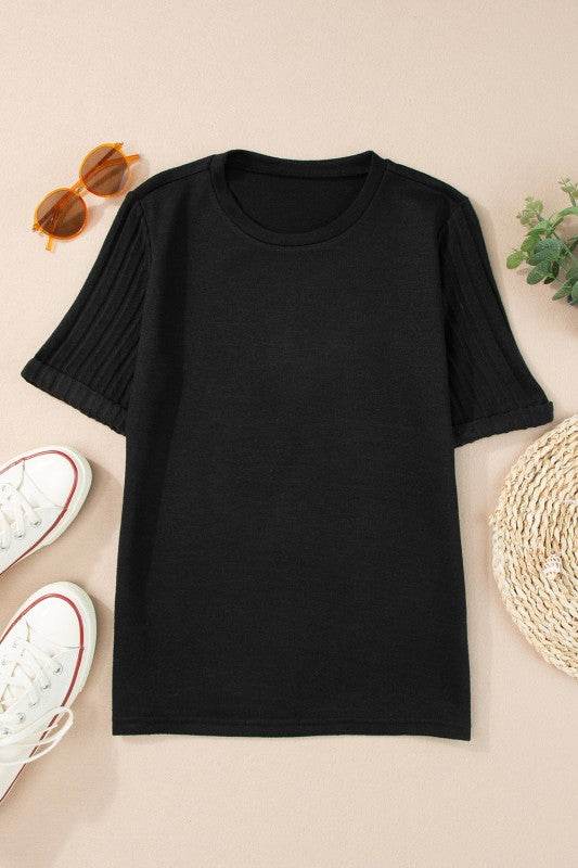 Alma Ribbed Splicing Sleeve Round Neck Top - Shop Style & More | Fresh Looks, Everyday Deals & Free Shipping